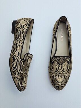 M.Gemi black gold embroidered jacquard loafers 36.5